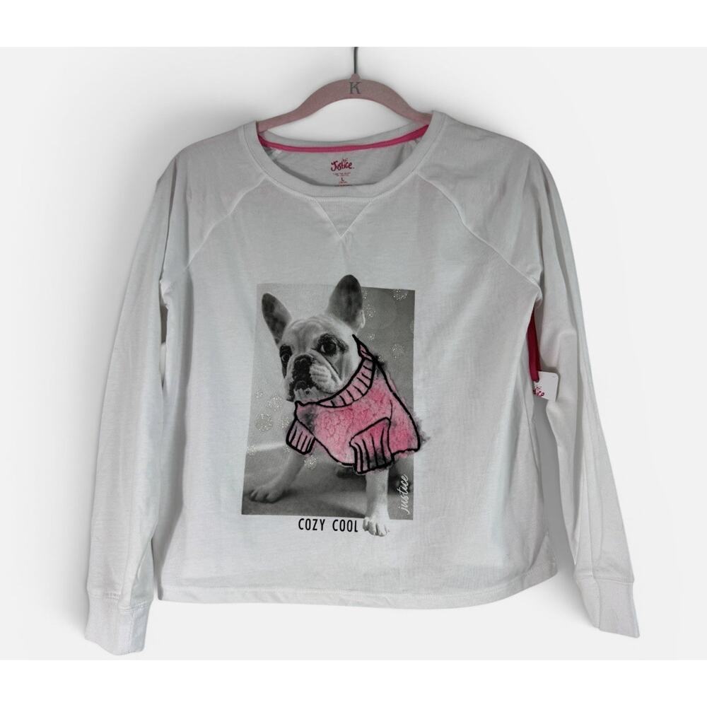 NWT Justice Girls Size L (12/14) White Long Sleeve Dog Graphic T-Shirt Fun